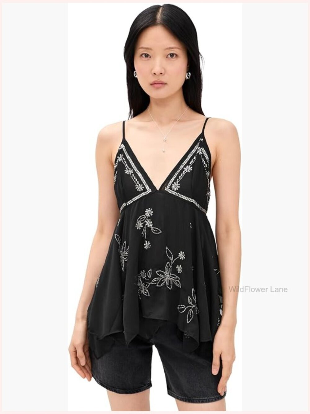 Embellished V-Neck Sheer Chiffon Top - Floral Peasant